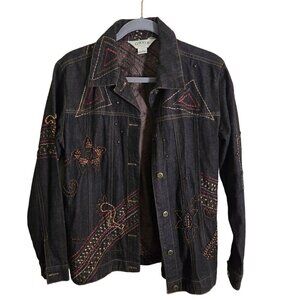 Orvis Vintage Unique Wood Beaded Embroidered Black Cotton Denim Jacket Size S